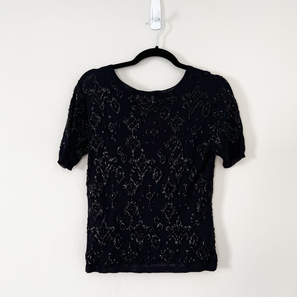 VINTAGE Oscar by Oscar de La Renta Beaded Knit Shirt Black Small